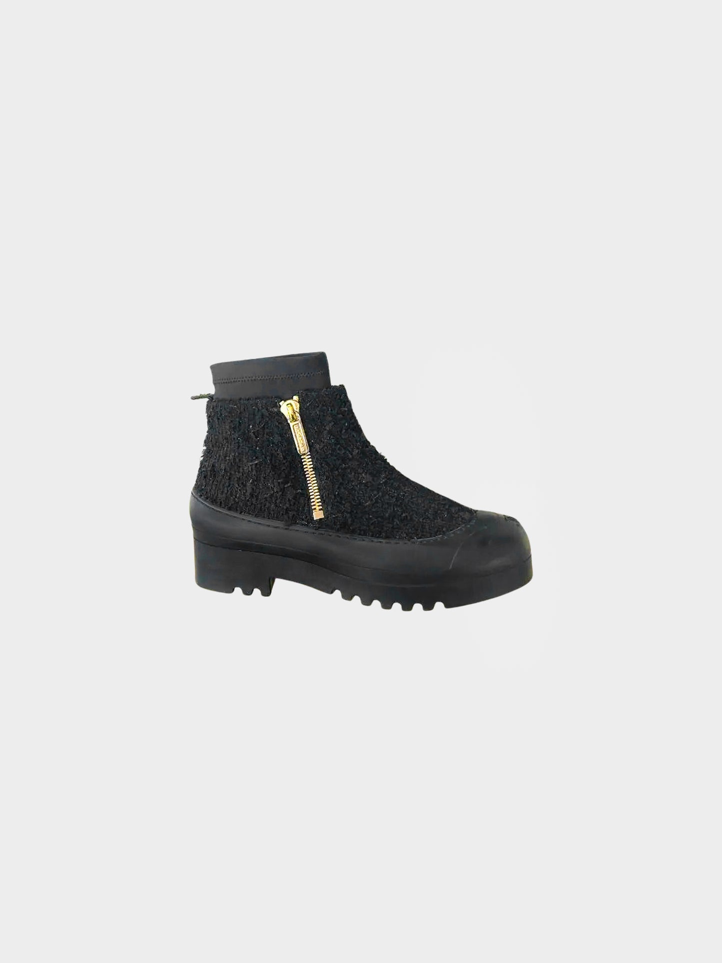 Chanel FW 2019 Black Tweed and Rubber Ankle Boots