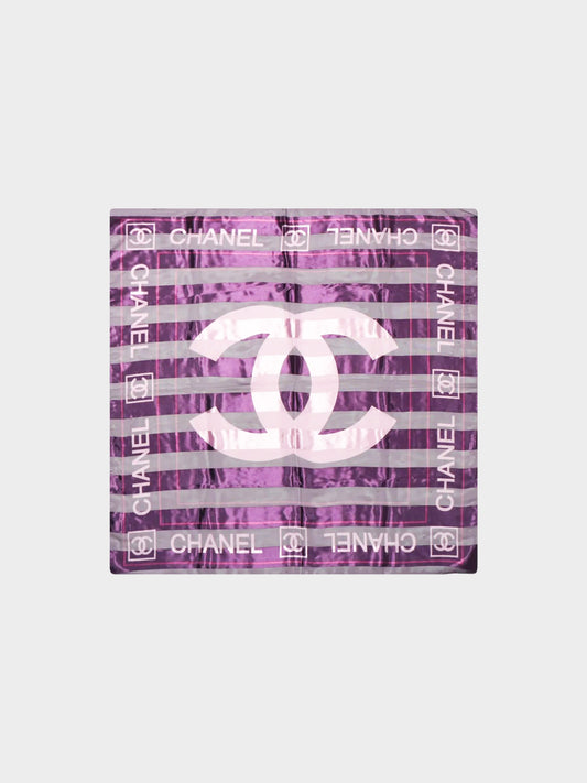 Chanel 2000s Purple Stripe Print CC Logo Silk Scarf
