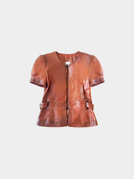 Valentino 2010s Brown Lambskin Leather Puff Sleeve Zip Jacket with Belt