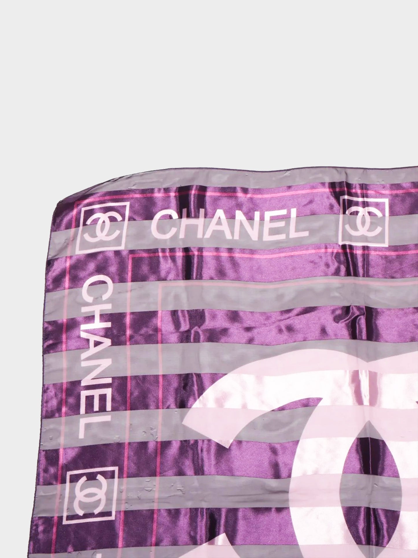 Chanel 2000s Purple Stripe Print CC Logo Silk Scarf