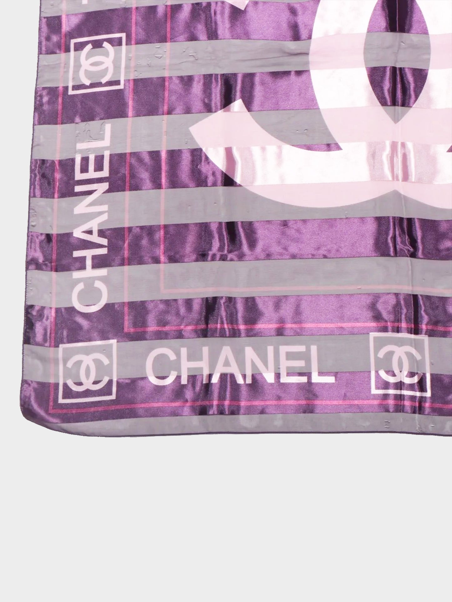 Chanel 2000s Purple Stripe Print CC Logo Silk Scarf