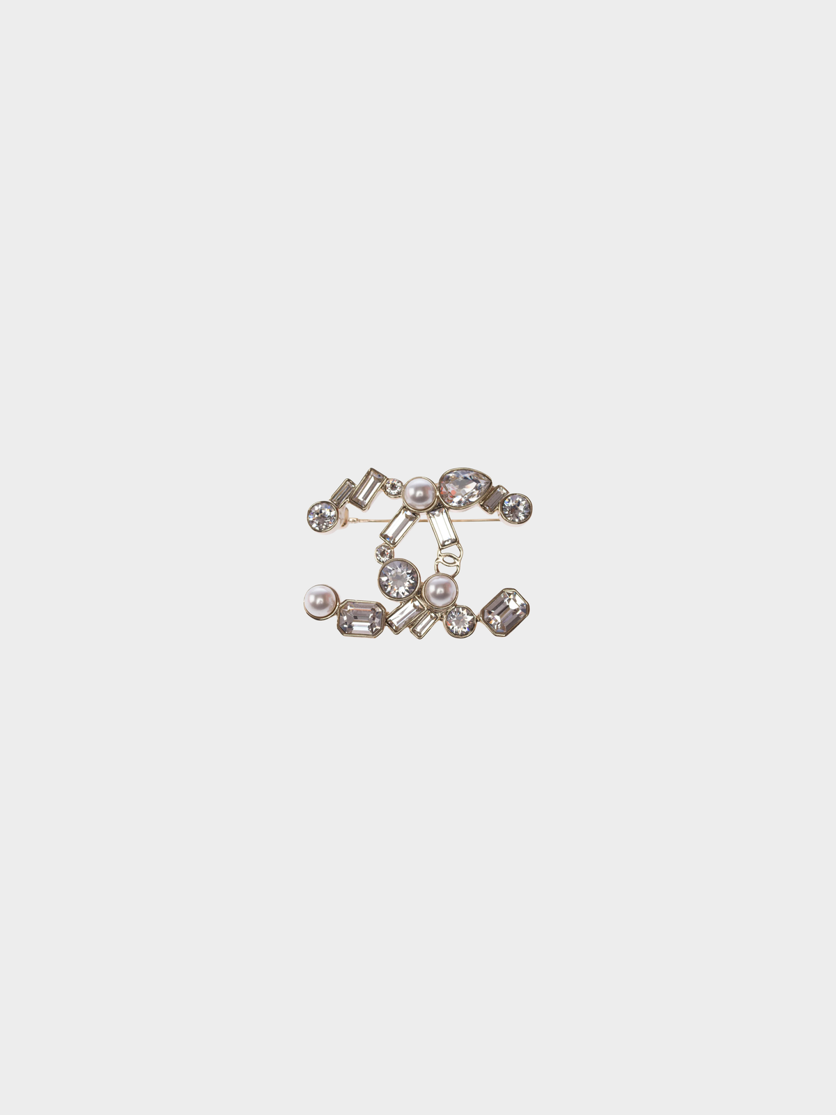 Chanel 2000s CC Silver Crystal & Pearl Brooch