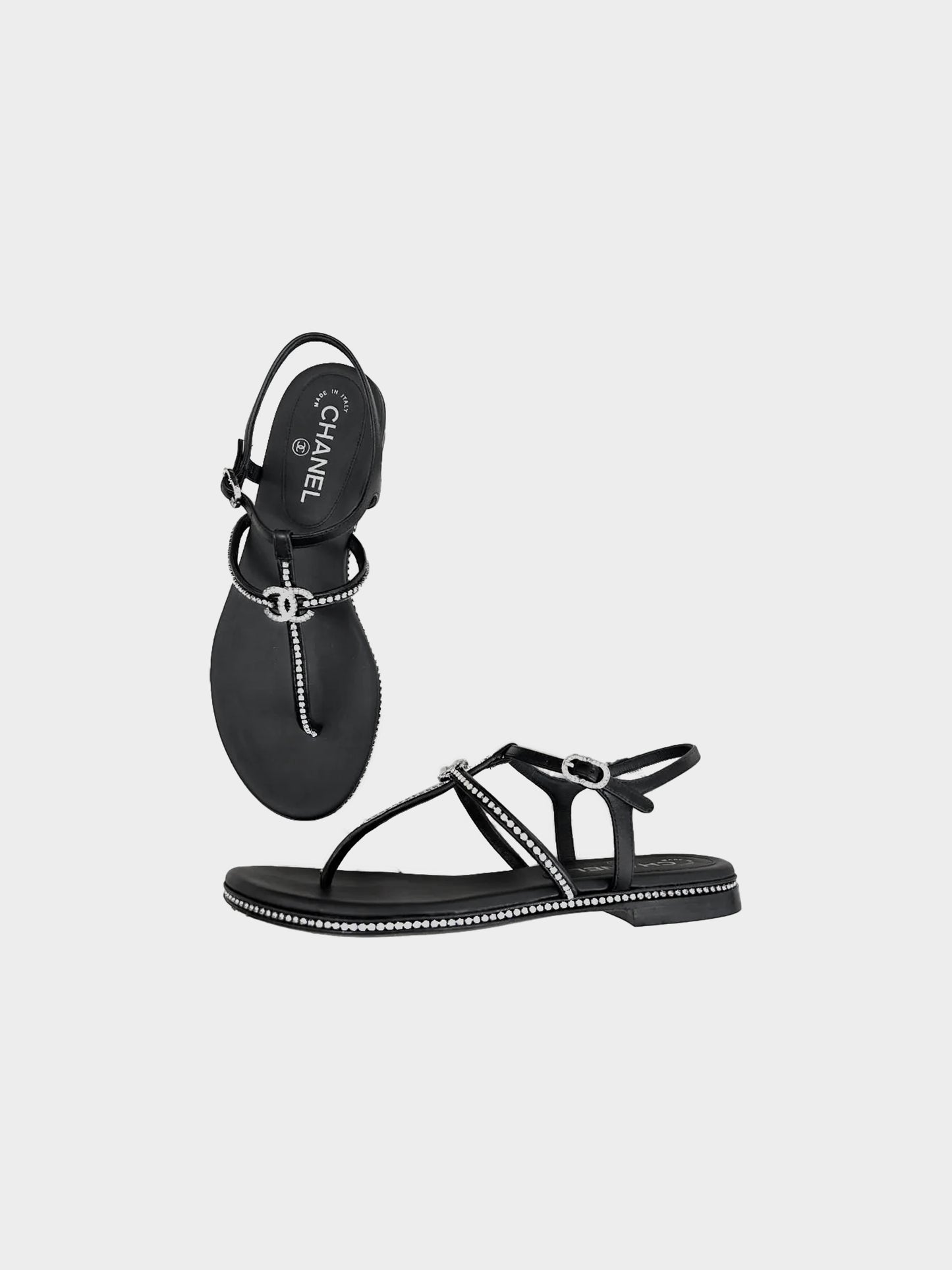 Chanel 2023 Black Leather Thong Sandals with Rhinestones