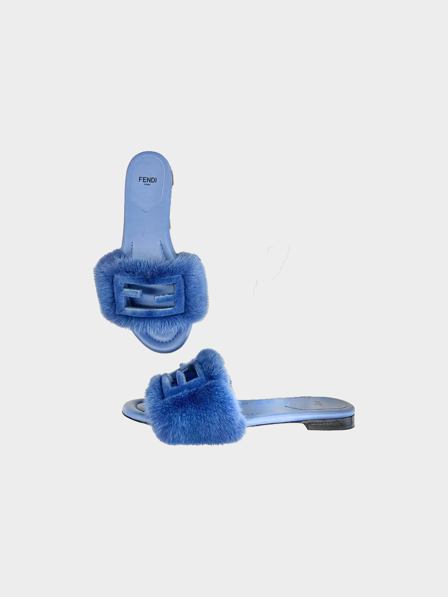 Fendi 2020s Blue Baguette Mink Fur Leather Slides