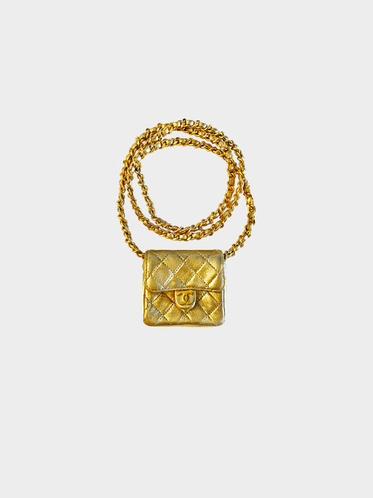 Chanel 1990s Metallic Gold Quilted Leather Mini Flap Bag