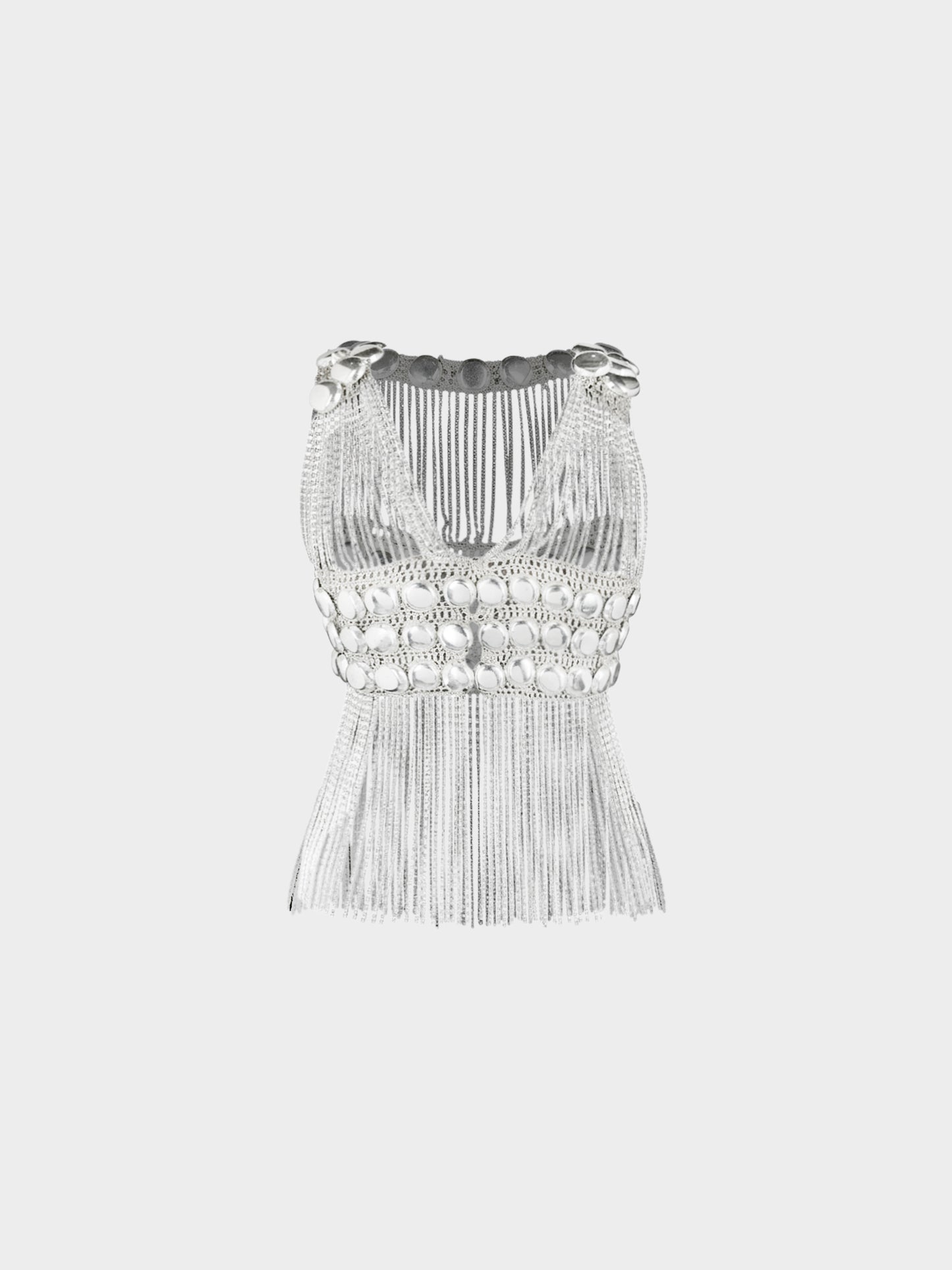 Loris Azzaro 1970s Silver Lurex Knit Chain Link Fringe Top