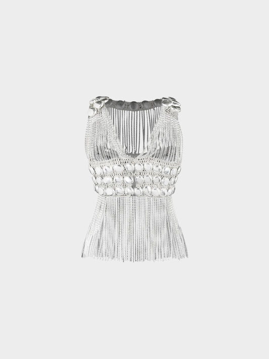 Loris Azzaro 1970s Silver Lurex Knit Chain Link Fringe Top