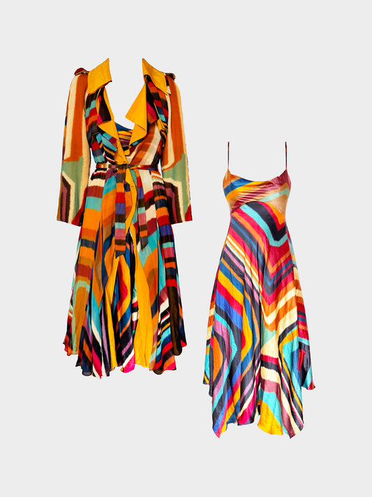 Roberto Cavalli Resort 2020 Multicolor Striped Long Dress and Trench Coat Set