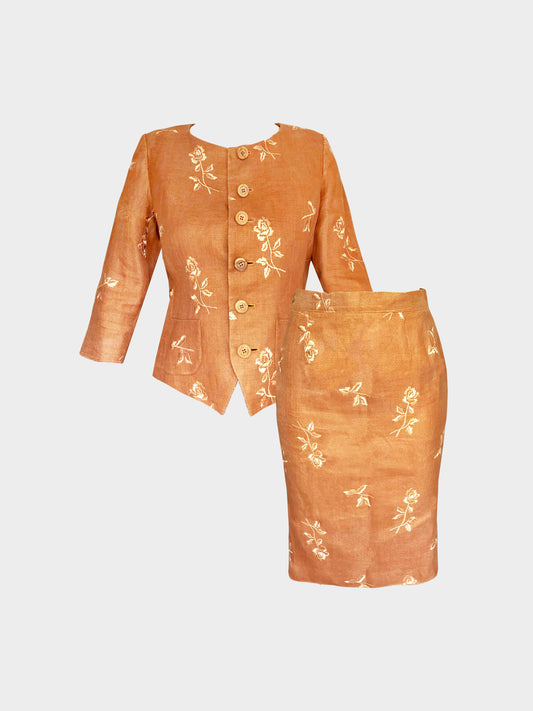 Yves Saint Laurent 1990s Brown Floral Embroidered Jacket and Skirt Set