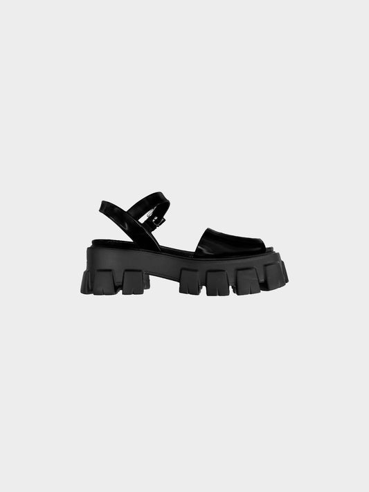 Prada 2020 Black Brushed Leather Monolith Buckle Platform Sandals