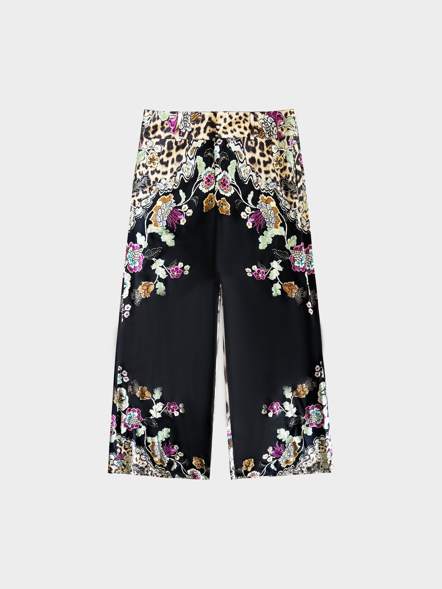 Roberto Cavalli 2000s Black Leopard and Floral Pattern Silk Pants