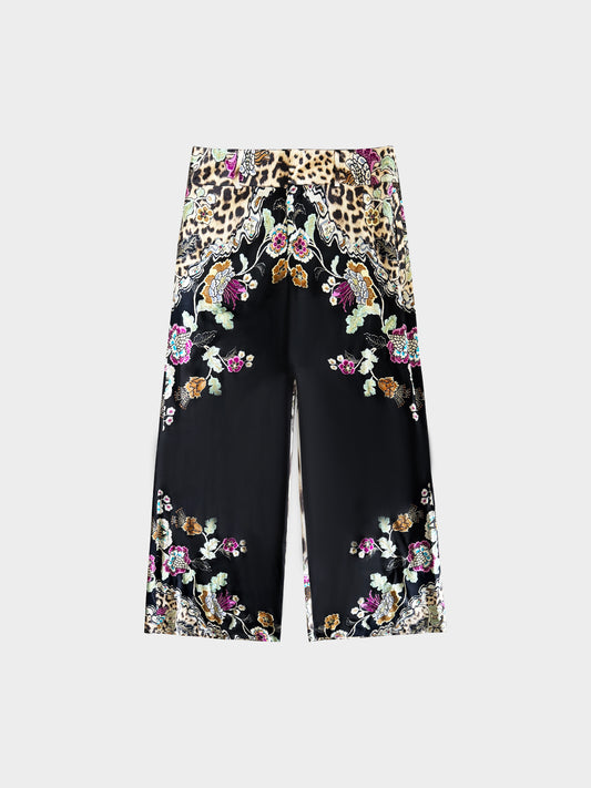 Roberto Cavalli 2000s Black Leopard and Floral Pattern Silk Pants