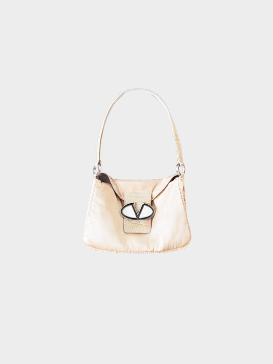 Valentino 2000s Beige Satin and Croc Leather Shoulder Bag