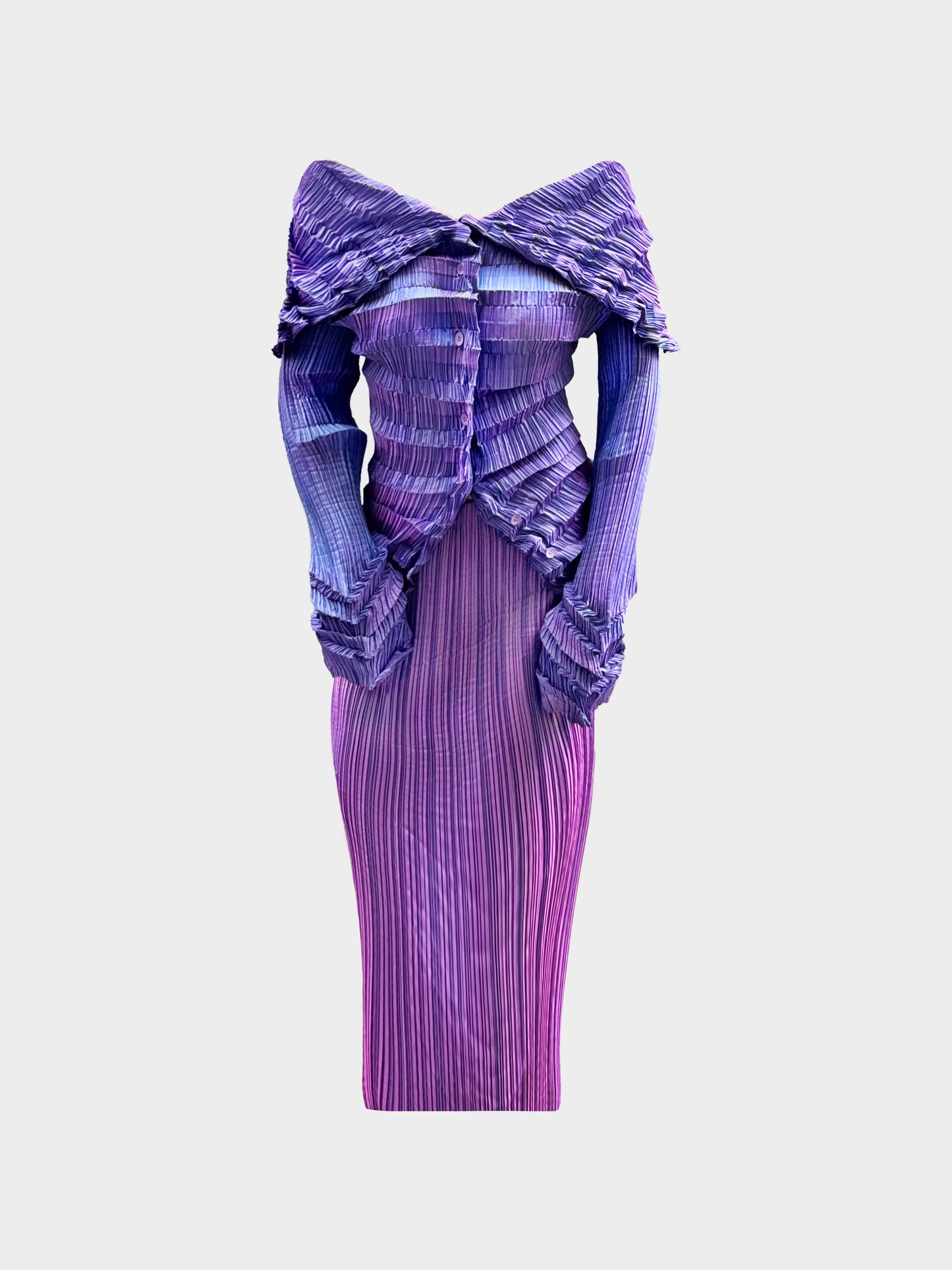 Issey Miyake 1990s Purple Iridescent Pleated Blouse and Long Skirt Set