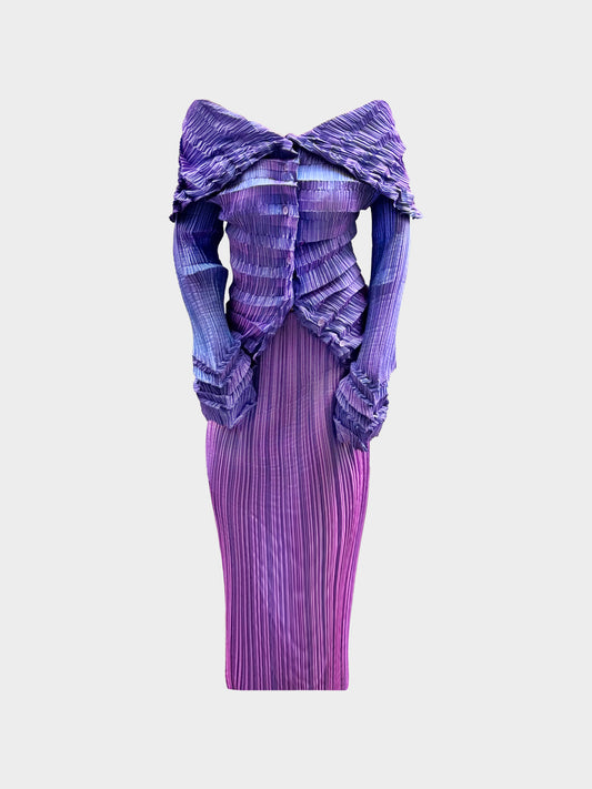 Issey Miyake 1990s Purple Iridescent Pleated Blouse and Long Skirt Set