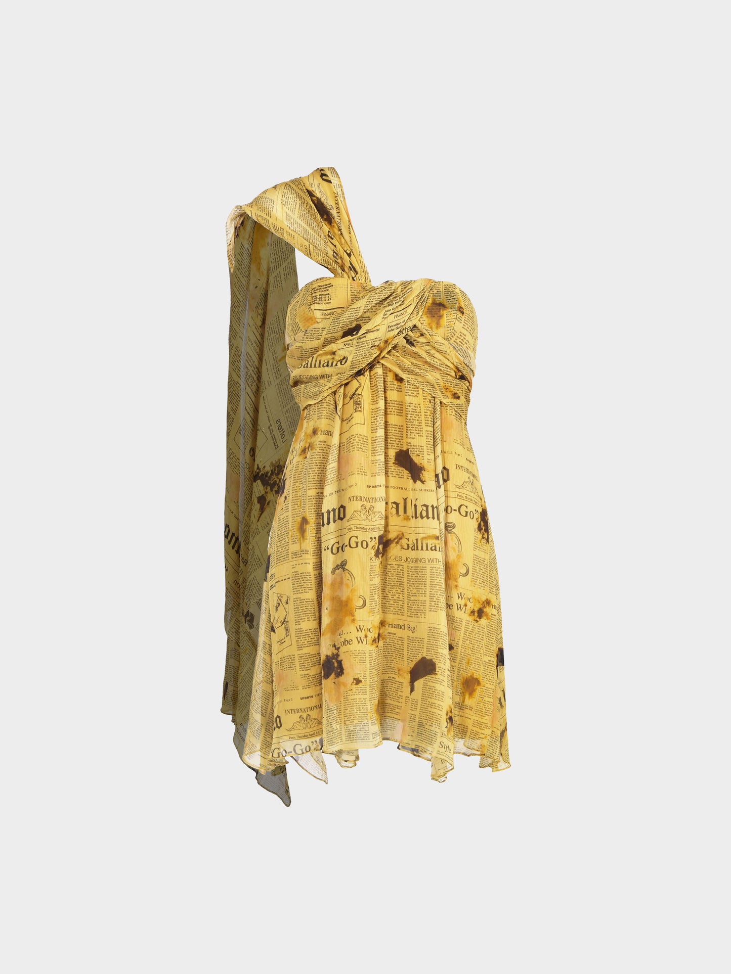 John Galliano 2000s Yellow Gazette Newspaper Print Silk Bustier Dress