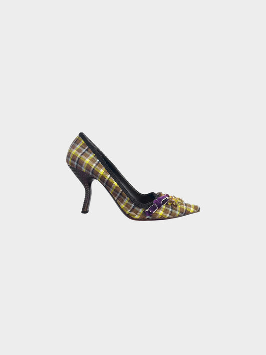 Prada Mid-2000s Green and Brown Prince of Wales Wool Pumps