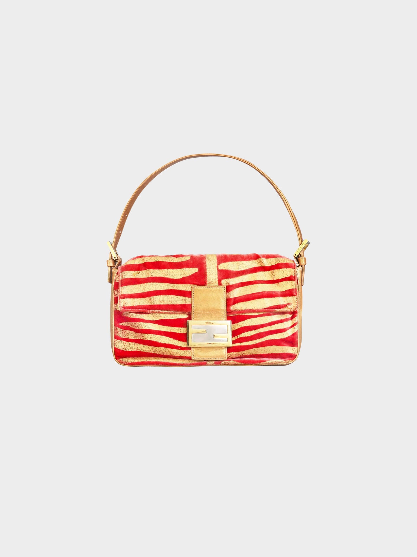 Fendi 2000s Rare Gold Leather and Red Velvet Zebra Print Baguette