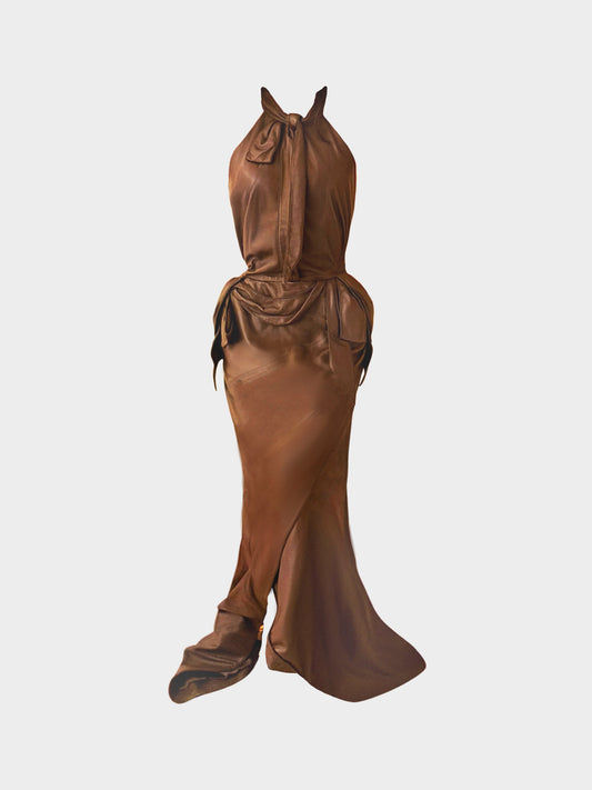 Nina Ricci 2008 Brown Lambskin Leather Backless Evening Gown