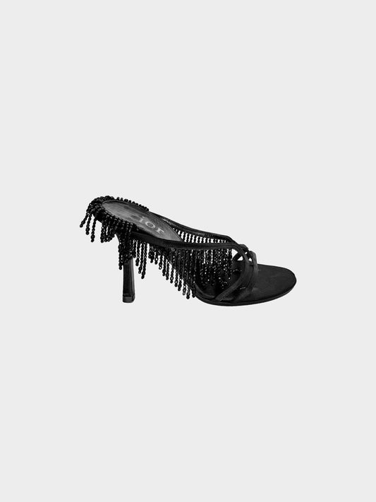 Christian Dior 2000s Black Satin and Beaded Fringe Heels