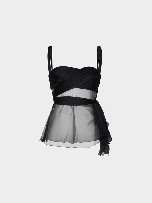 Versace 2000s Black Sheer Pleated Silk Top