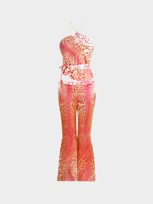Roberto Cavalli SS 2000 Pink and Beige Cheetah Printed Silk Top and Pants Set