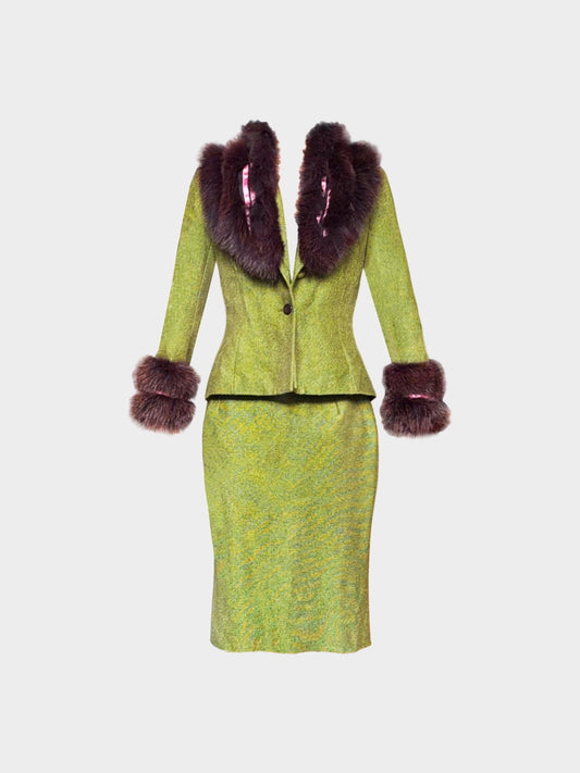 John Galliano 2001 Green Fox Fur-Trimmed Jacket and Skirt Set
