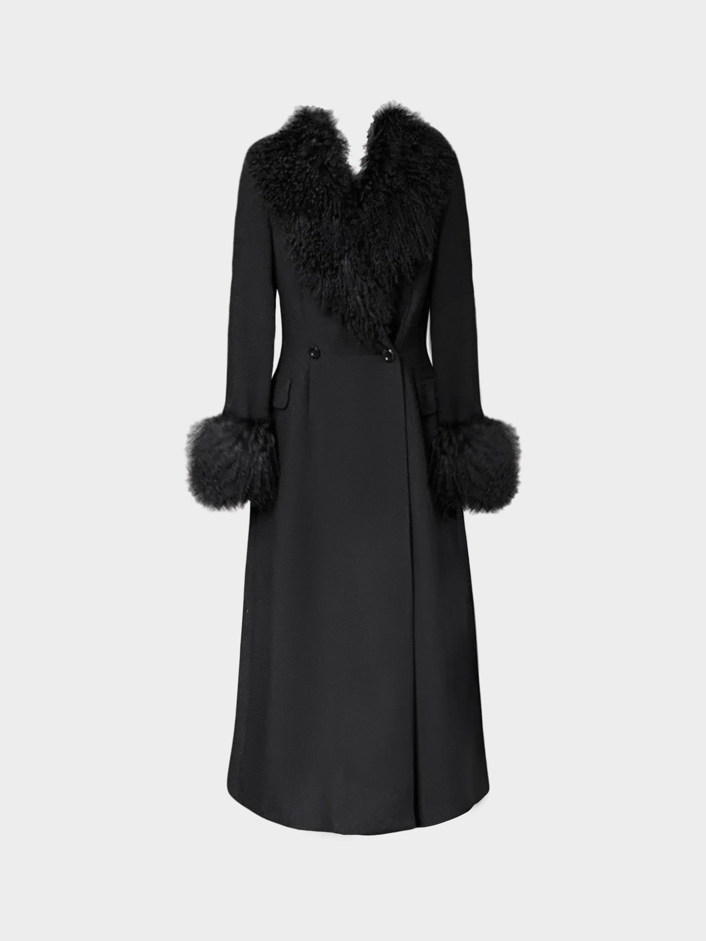 Dolce and Gabbana 2000s Black Mongolian Fur Trim Double-breasted Long Coat