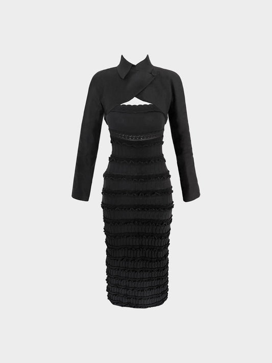 Azzedine Alaïa 1990s Black Cotton Cropped Jacket and Knitted Long Dress Set