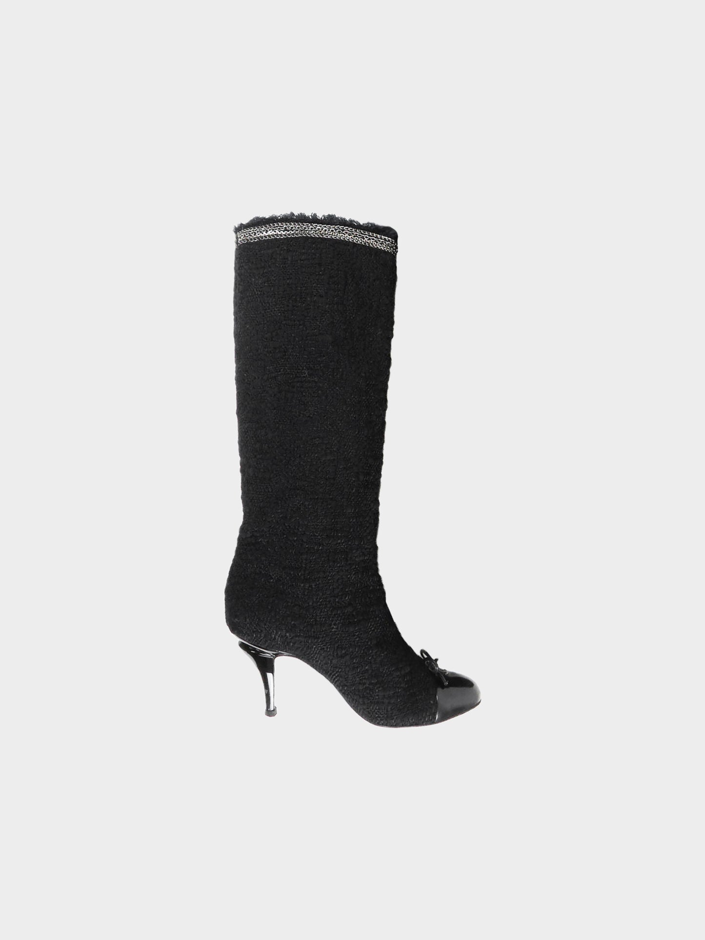 Chanel 2010s Black Tweed and Chain CC Signature Cap Toe Boots