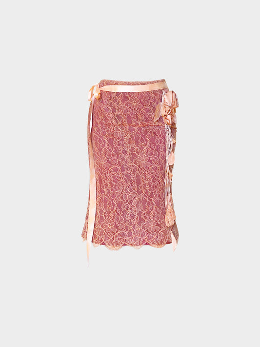 Valentino 1990s Burgundy and Pink Floral Lace Skirt
