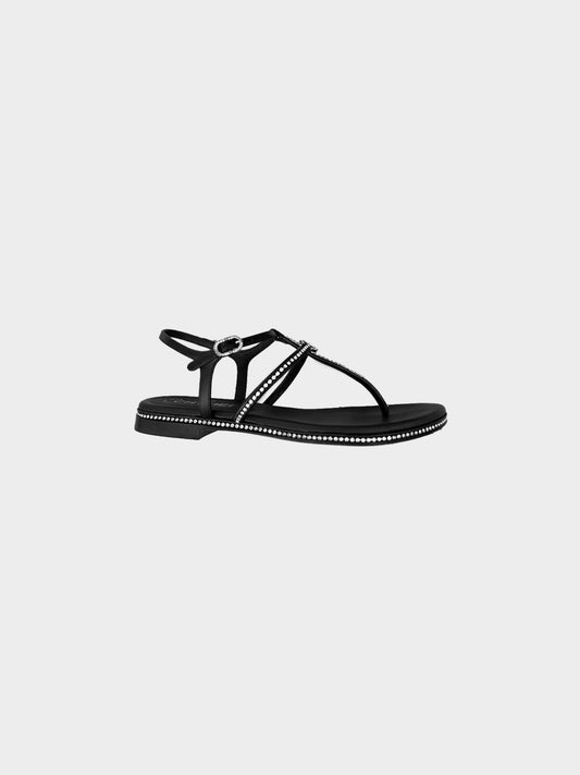 Chanel 2023 Black Leather Thong Sandals with Rhinestones