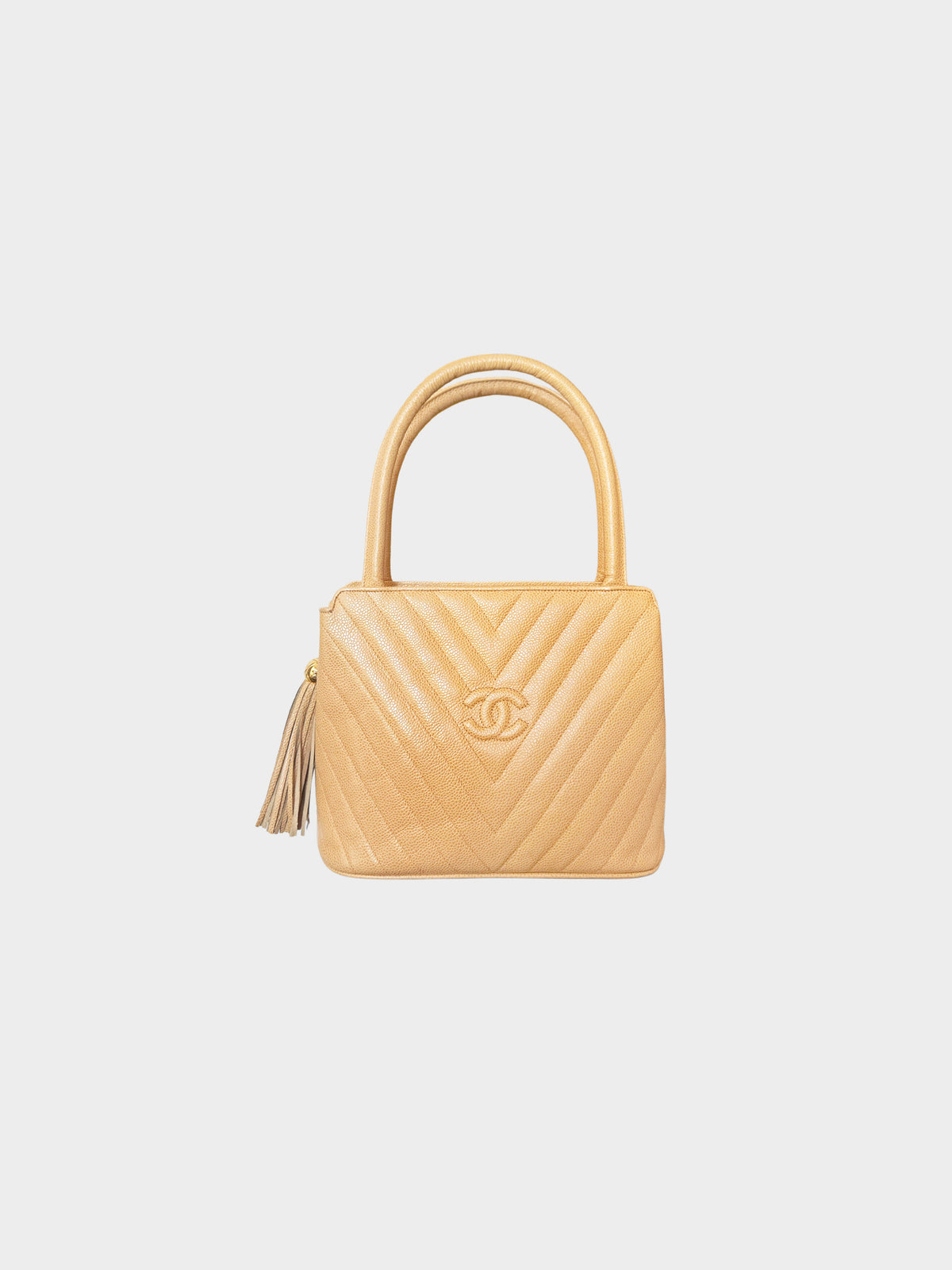 Chanel Early 1991-1994 Beige Caviar Leather Chevron Stitch Tassel Handbag