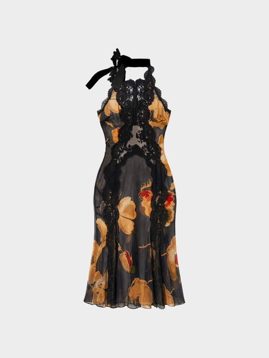 Dolce and Gabbana 2010s Black Sheer Floral Print with Lace Trim Dress