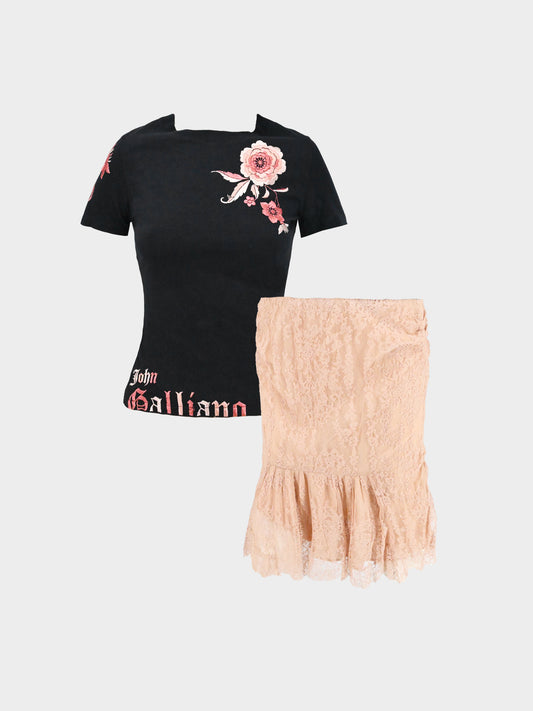 John Galliano 2003 Black and Beige Floral and Logo Embroidered Shirt and Lace Skirt Set