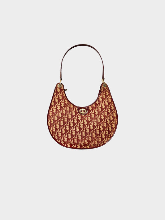 Christian Dior 1970s Rare Red Trotter Canvas Half Moon Shoulder Bag