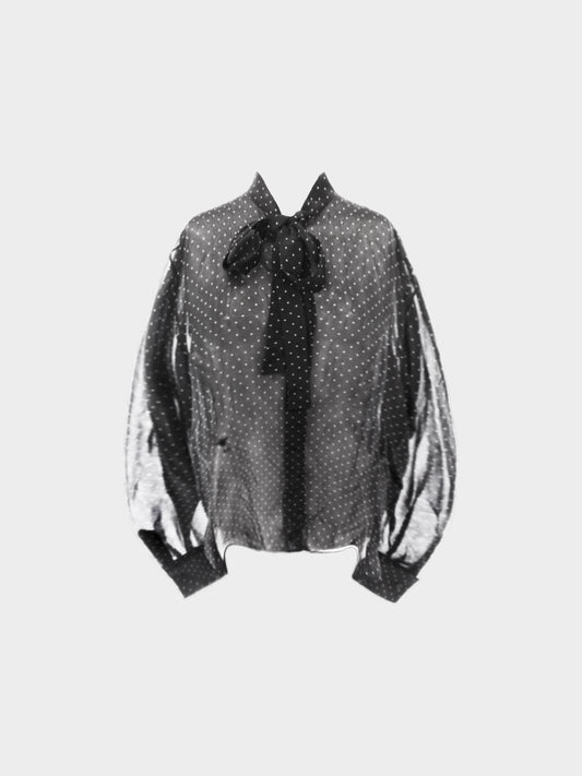 Christian Dior 2020s Black Polka Dotted Ascot Blouse with Ribbon