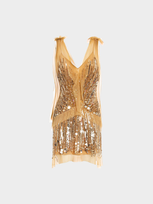 Blumarine 2000s Blugirl Brown and Silver Sequined Tulle Mesh Dress