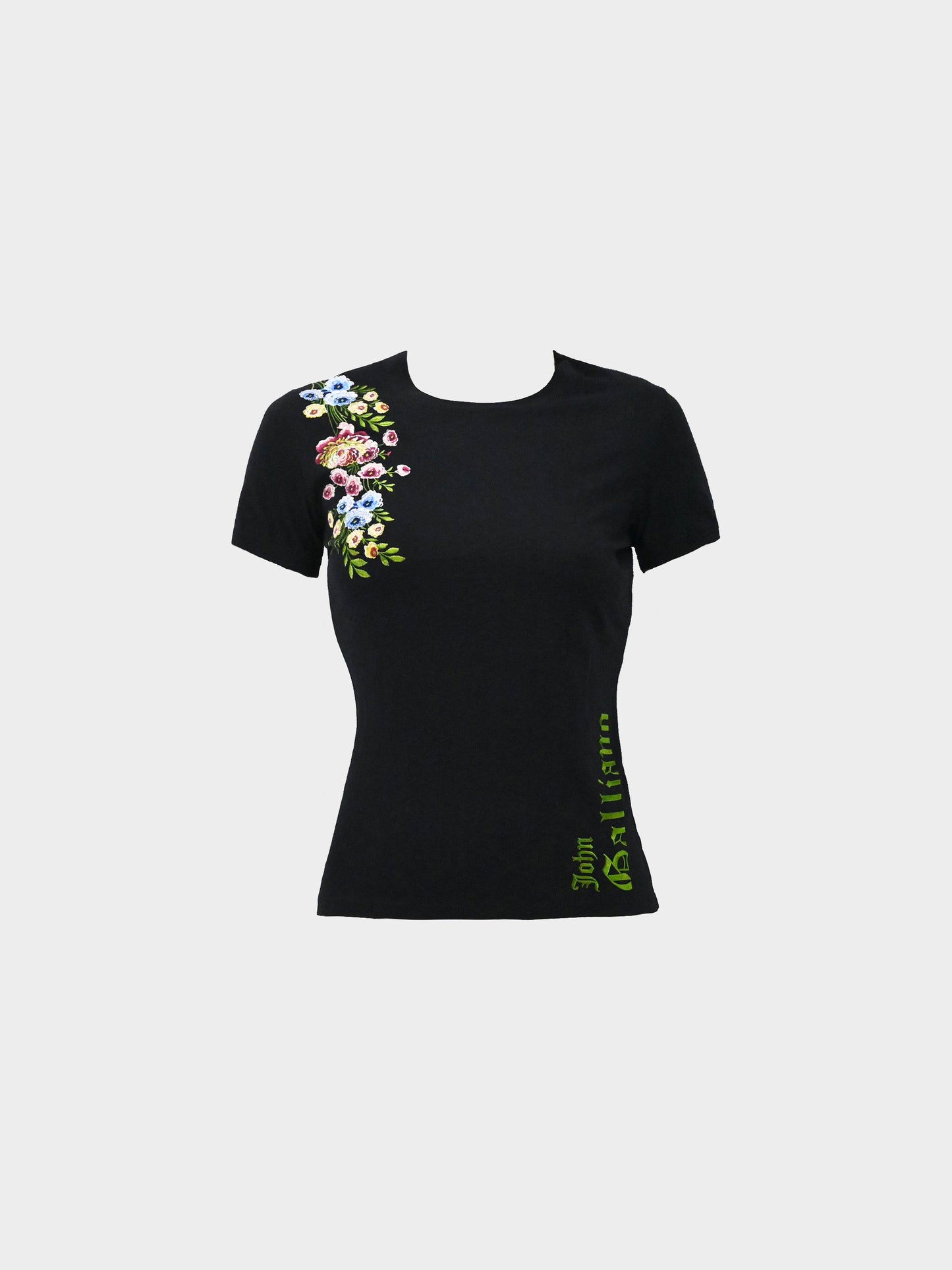 John Galliano 2003 Black Floral and Logo Embroidered Shirt