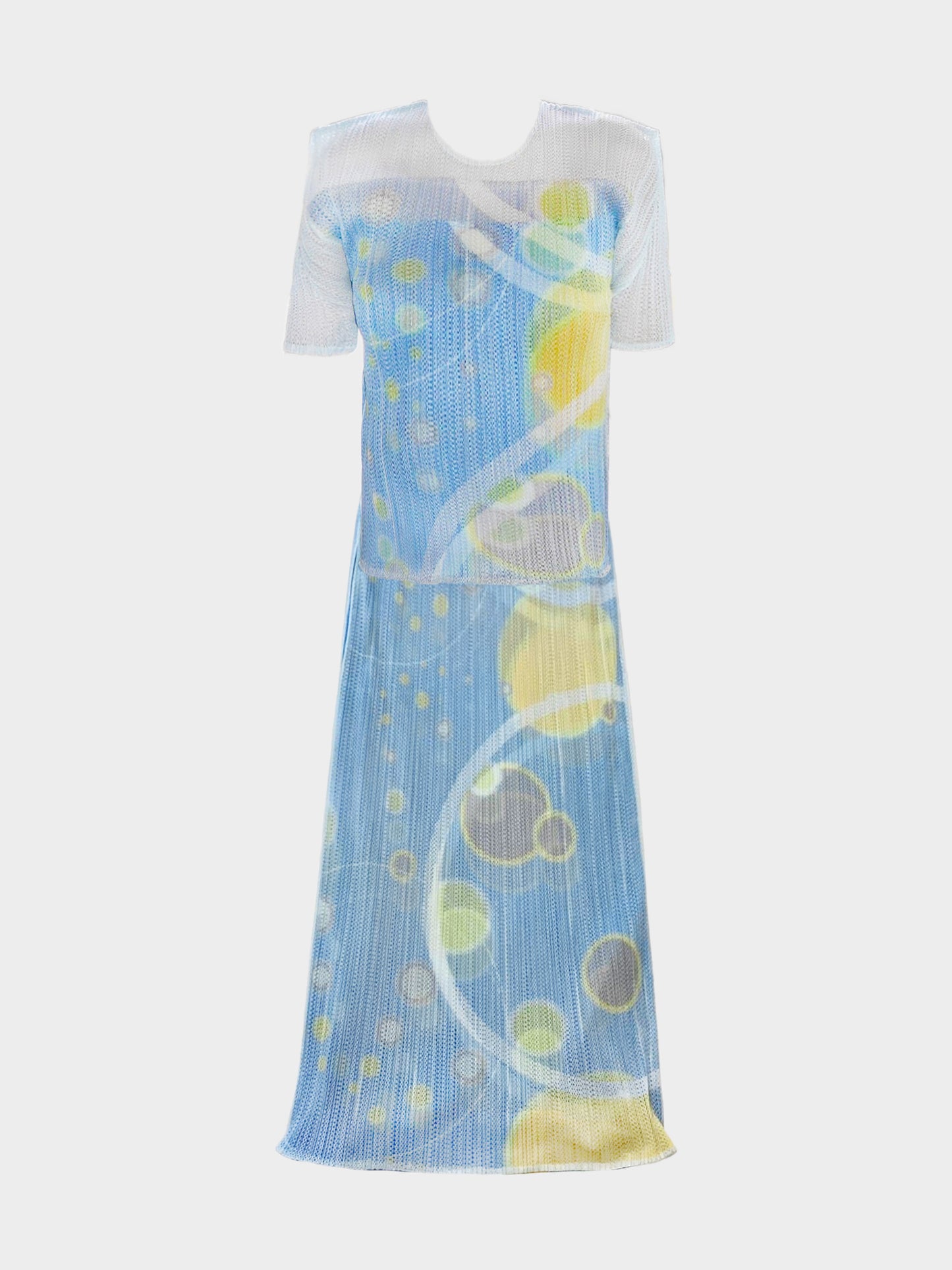 Issey Miyake Pleats Please SS 2011 Rare Blue and Yellow Cosmos Print Top and Skirt Set