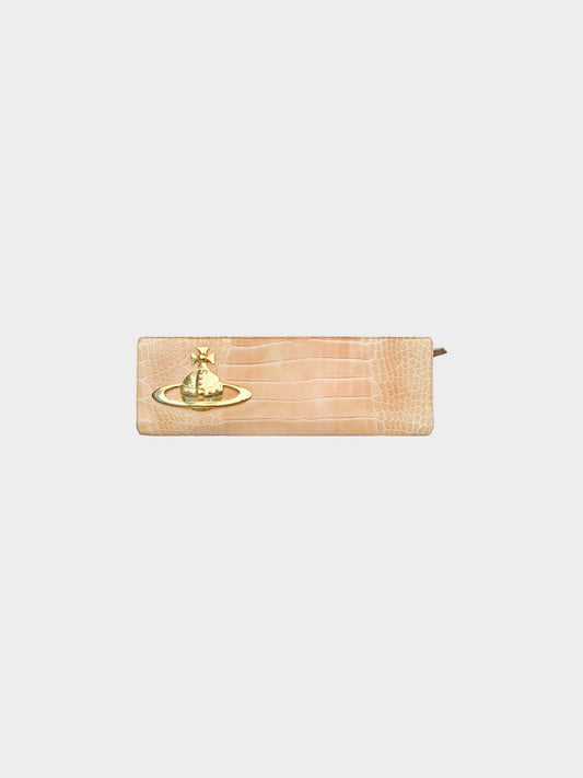 Vivienne Westwood 2010s Beige Croc-textured Leather Beaufort Orb Clutch