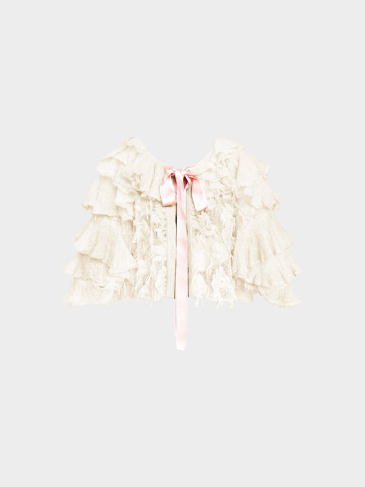 Chanel by Karl Lagerfeld FW 2009 Gossamer Mohair Knit Ruffled Sleeve Fantasy Evening Jacket with Pink Bow