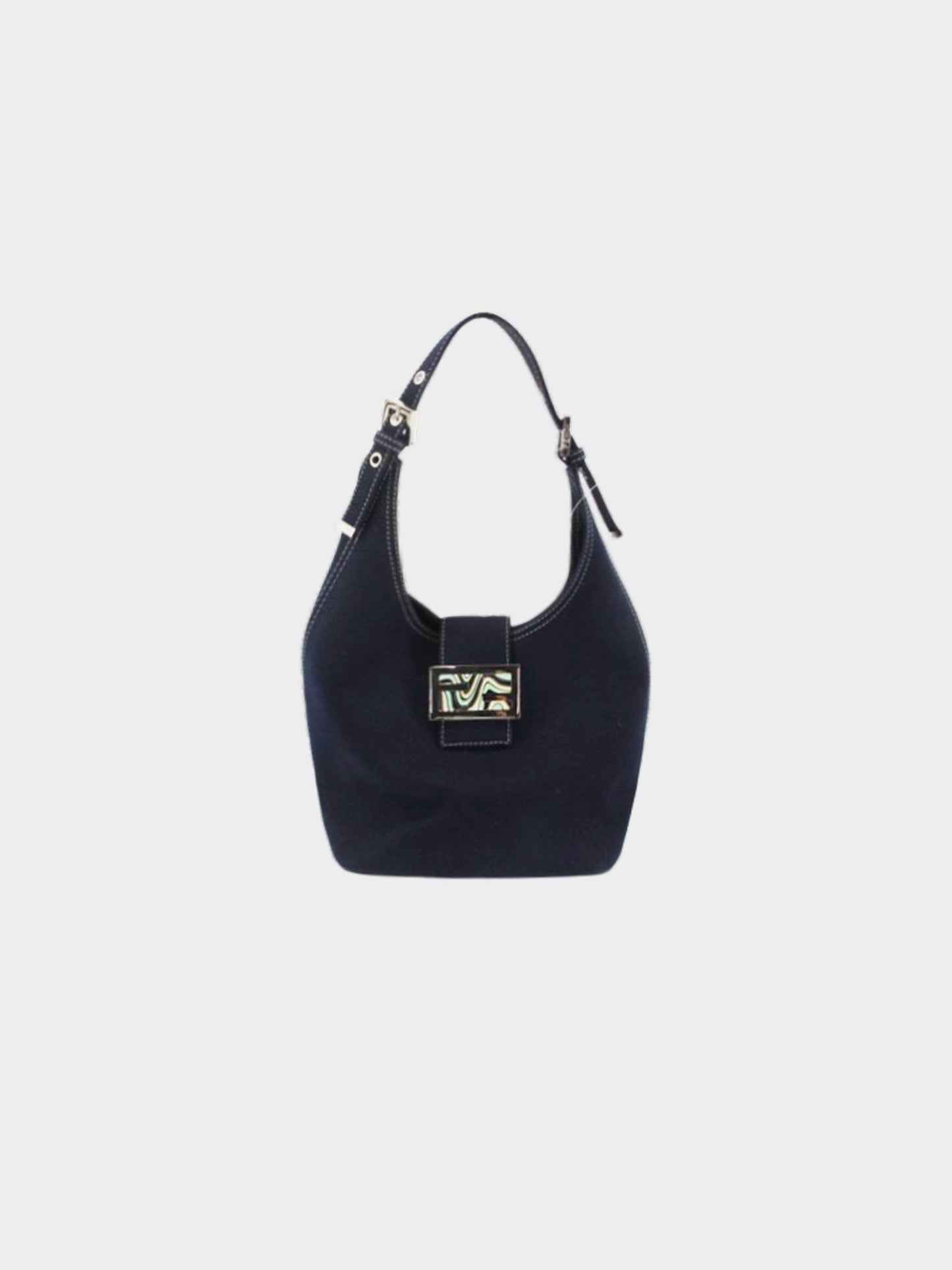 Fendi 2000s Navy Blue Canvas Marble Enamel FF Logo Mamma Bucket Bag