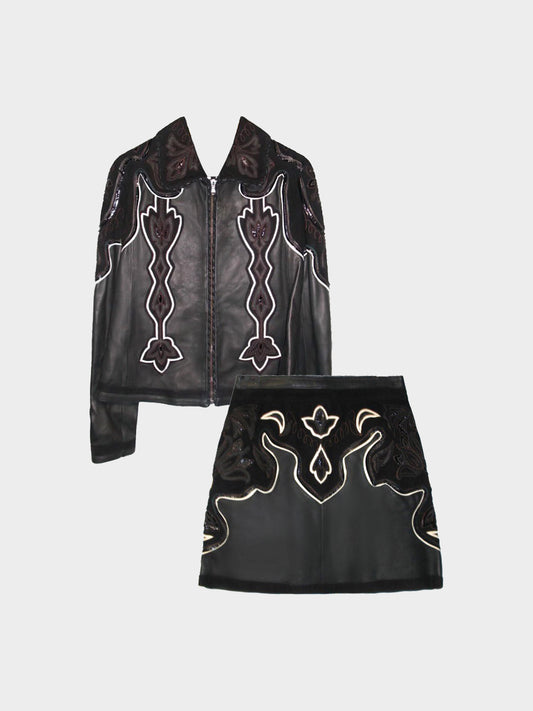 Roberto Cavalli 2000s Just Cavalli Black Leather and Suede Jacket and Mini Skirt Set