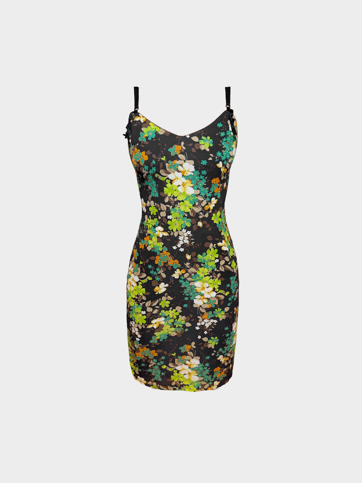 Dolce and Gabbana 1990s Black and Green Floral Fitted Slip Dress