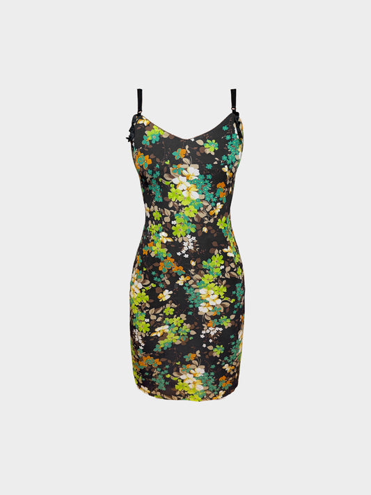 Dolce and Gabbana 1990s Black and Green Floral Fitted Slip Dress