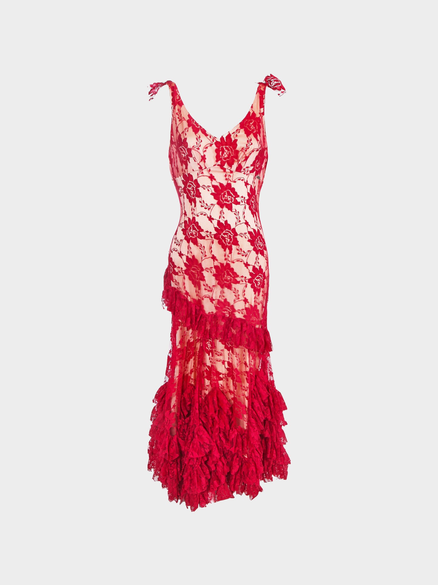 John Galliano 2000s Red Lace Ruffled Evening Gown