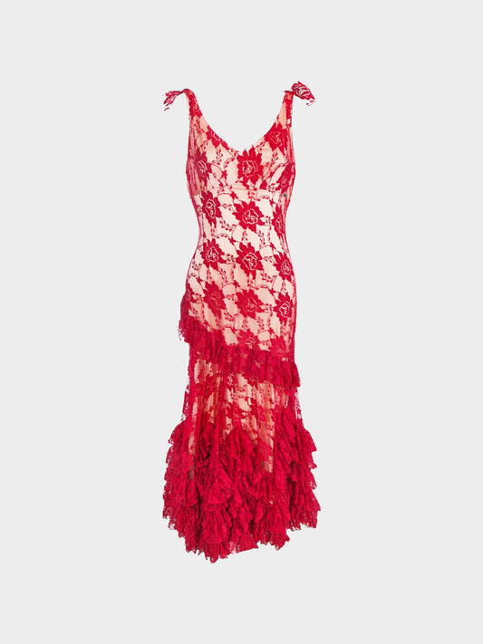John Galliano 2000s Red Lace Ruffled Evening Gown