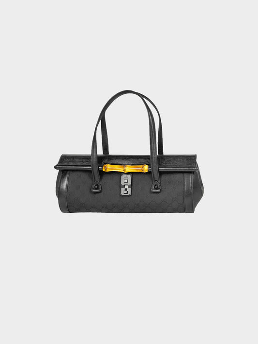 Gucci 2000s Black Leather and Canvas GG Bamboo Bullet Bag