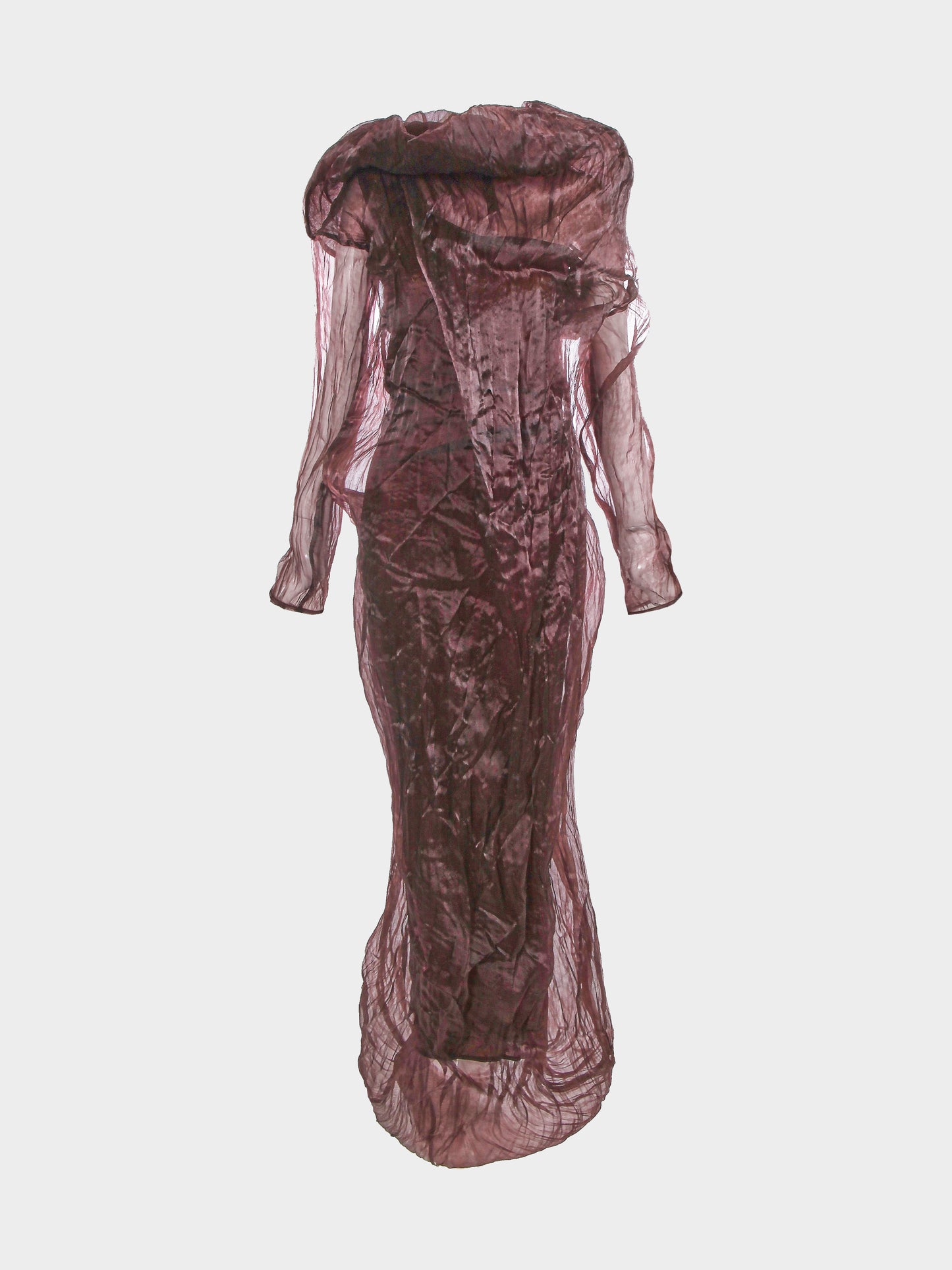 Issey Miyake SS 1998 Brown Sheer Crinkled Silk-blend Dress